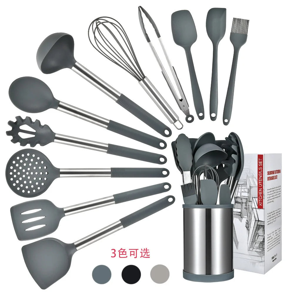 12-Piece Silicone & Stainless Steel Kitchen Utensil Set – With Rotating Storage Holder
