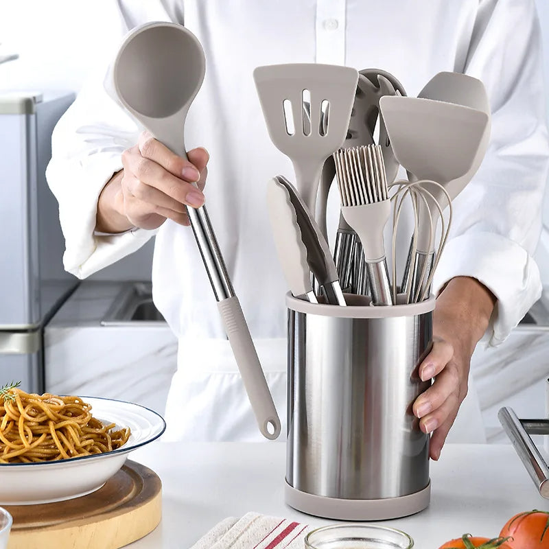 12-Piece Silicone & Stainless Steel Kitchen Utensil Set – With Rotating Storage Holder