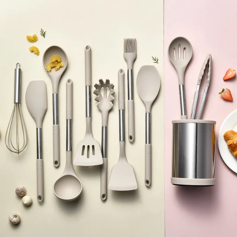 12-Piece Silicone & Stainless Steel Kitchen Utensil Set – With Rotating Storage Holder