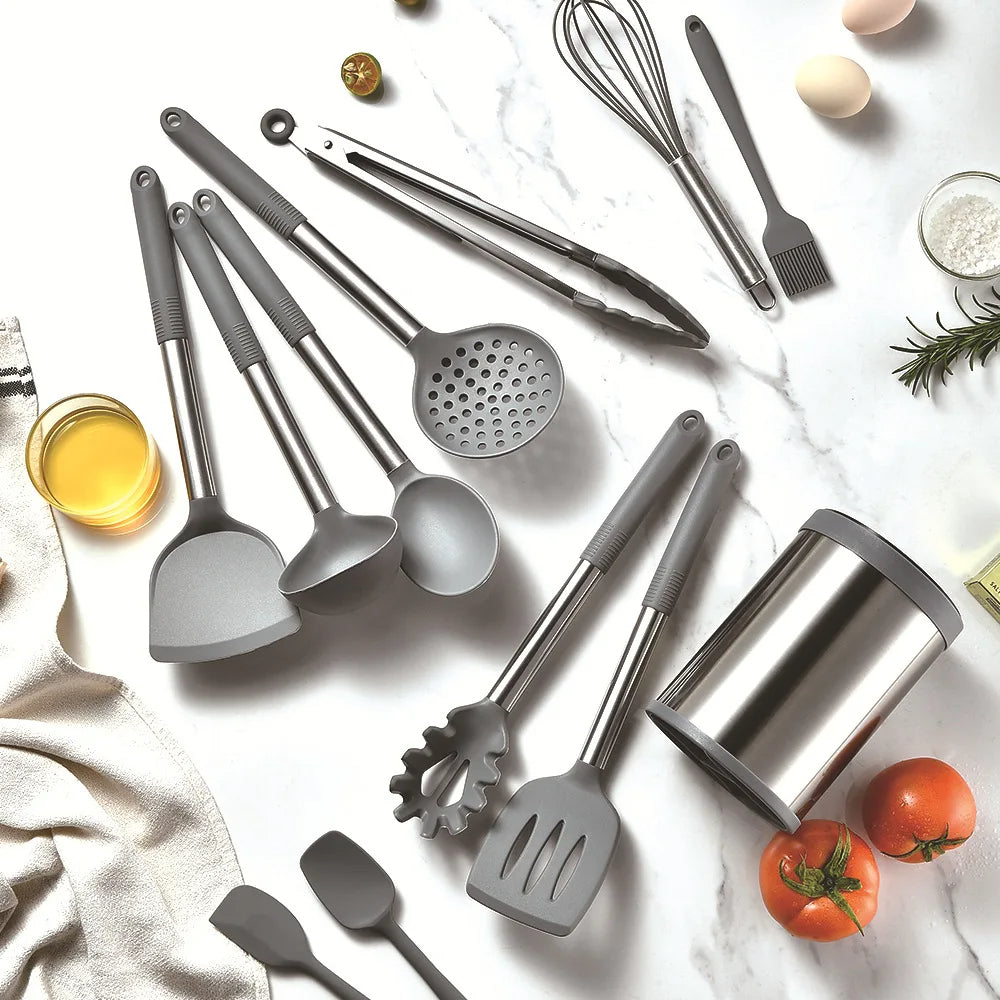 12-Piece Silicone & Stainless Steel Kitchen Utensil Set – With Rotating Storage Holder