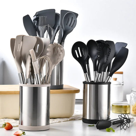 12-Piece Silicone & Stainless Steel Kitchen Utensil Set – With Rotating Storage Holder