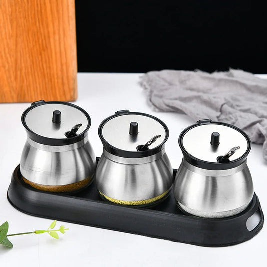 Stainless Steel Spice Jars With Spoon And Plate